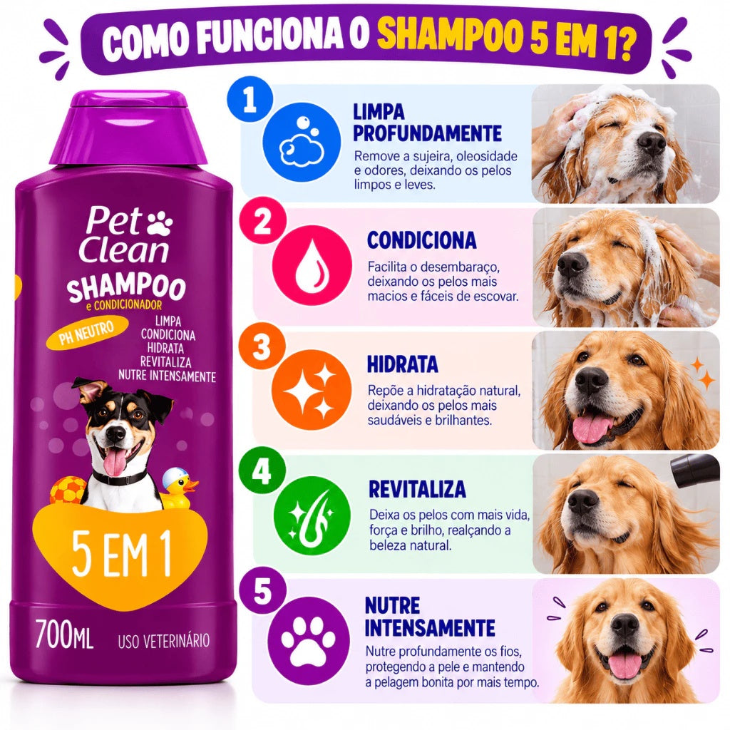 Kit Pet Shampoo 5 em 1 Creme Condicionador e Perfume Para Cachorro Pet Clean