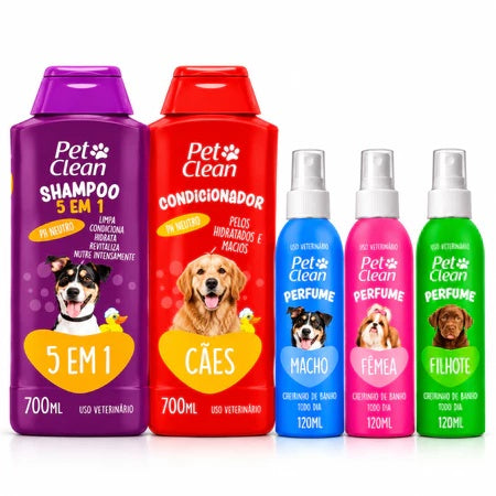 Kit Pet Shampoo 5 em 1 Creme Condicionador e Perfume Para Cachorro Pet Clean
