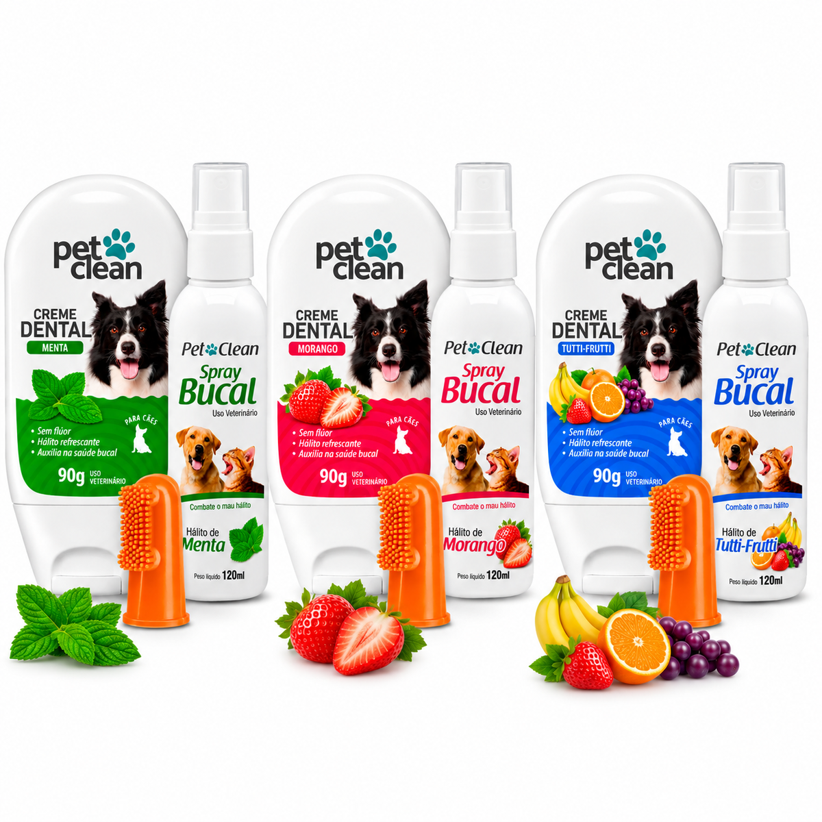Kit Creme Dental+Spray Bucal+Escova Dedeira Pet Clean Sortidas