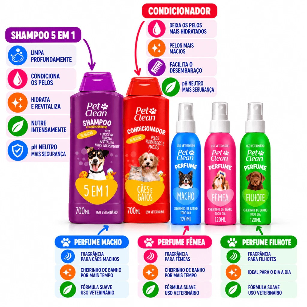 Kit Pet Shampoo 5 em 1 Creme Condicionador e Perfume Para Cachorro Pet Clean