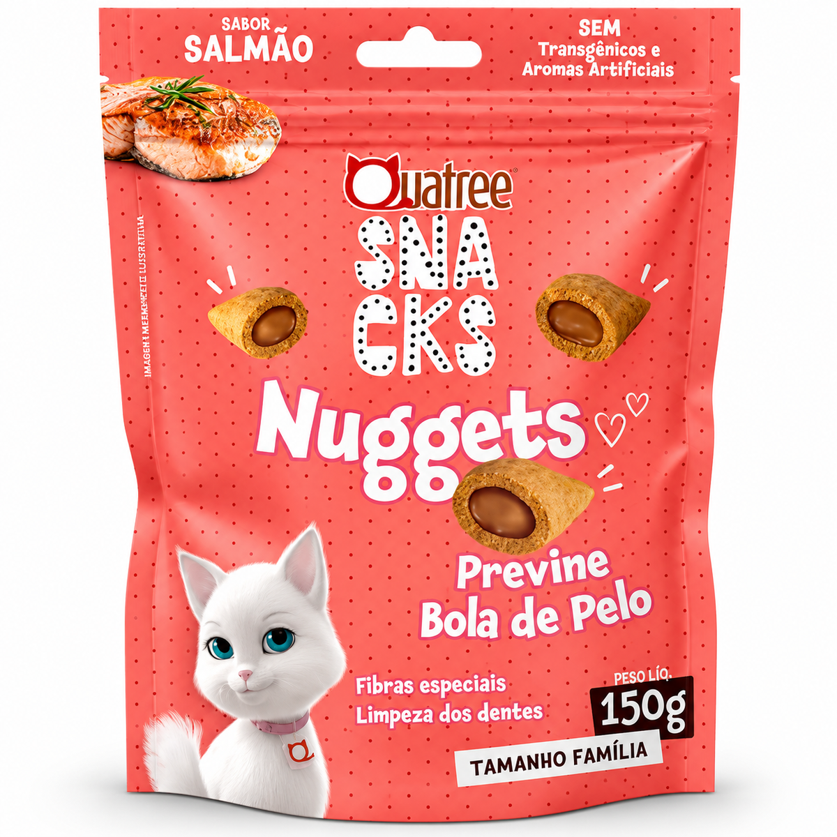 Petisco Snack Quatree Gatos Nuggets Salmão Bola de Pelo 150g