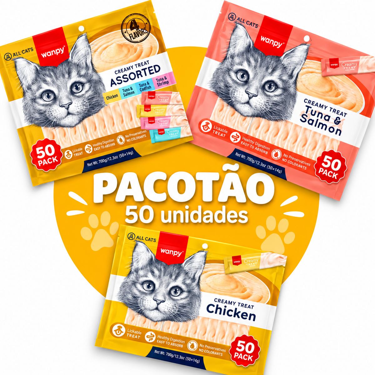 Pacote Wanpy Petiscos Truly Creamy P/ Gatos Sortidos 50 Unid