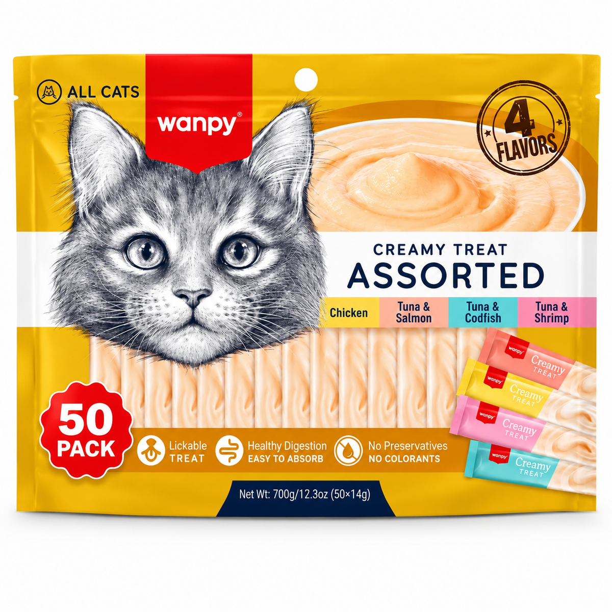 Pacote Wanpy Petiscos Truly Creamy P/ Gatos Sortidos 50 Unid