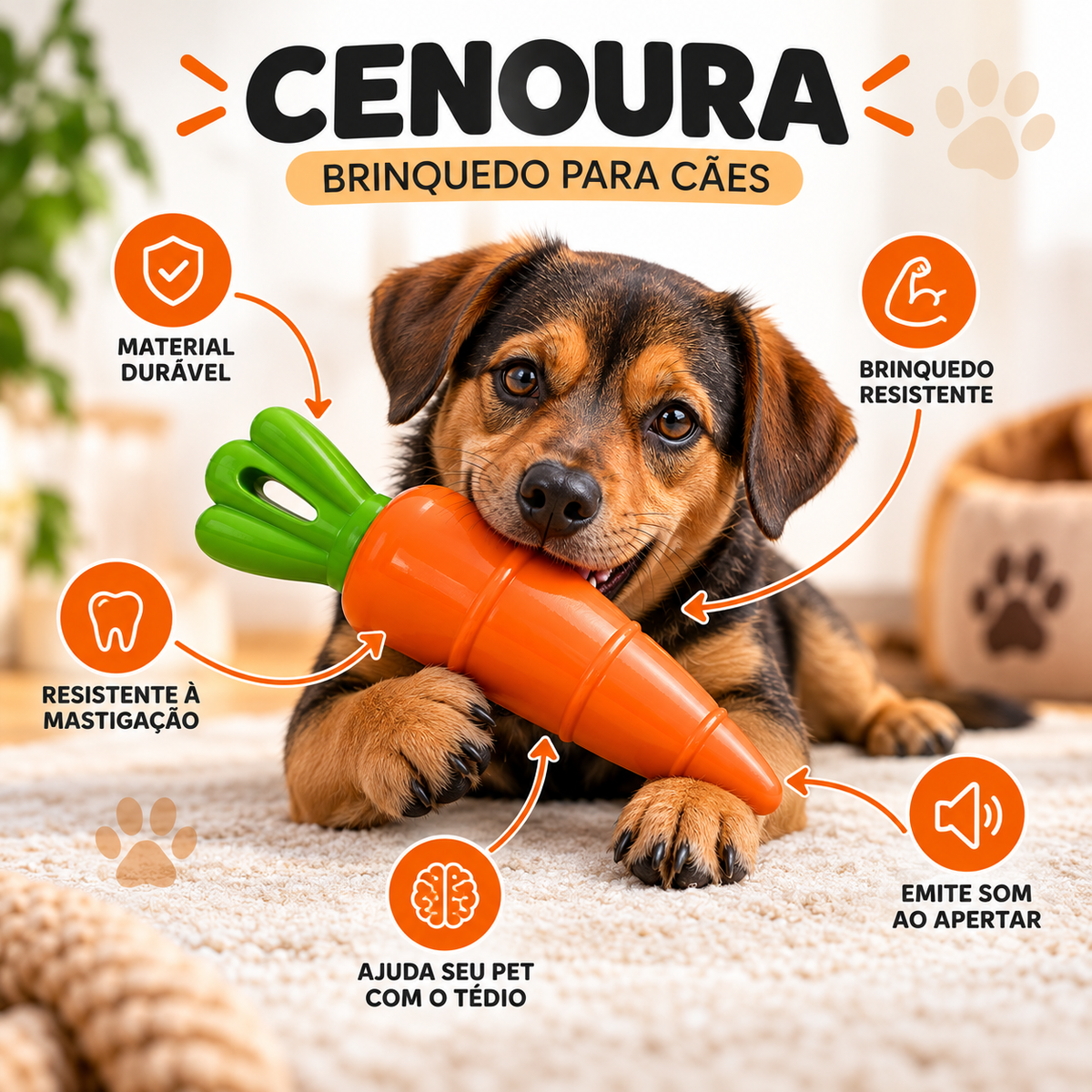 Brinquedo para Cachorro Mordedor Cenoura de Plástico com Apito Resistente