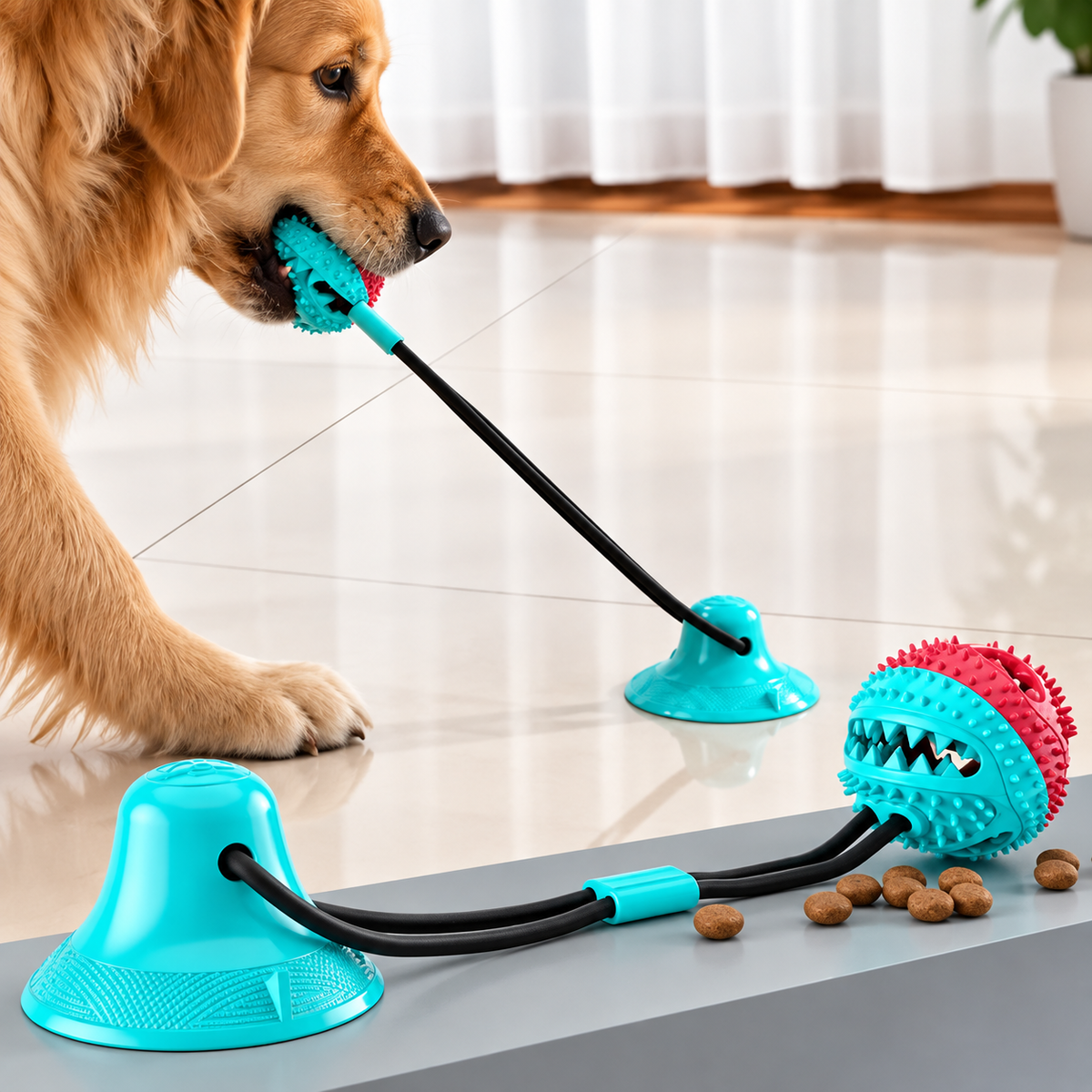 Brinquedo Pet De Cachorro Push Ball Mordedor Interativo Corda Com Bolinha Porta Petisco Ventosa