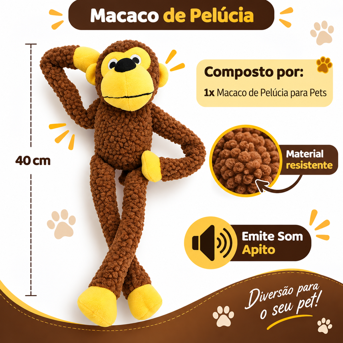 Brinquedo Pelúcia Pet Macaco Interativo para Cães