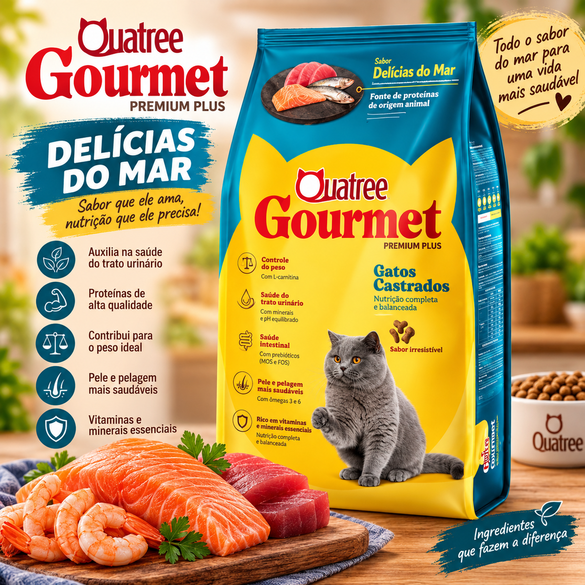Ração Quatree Gourmet Gatos Castrados Delícias do Mar 10,1Kg