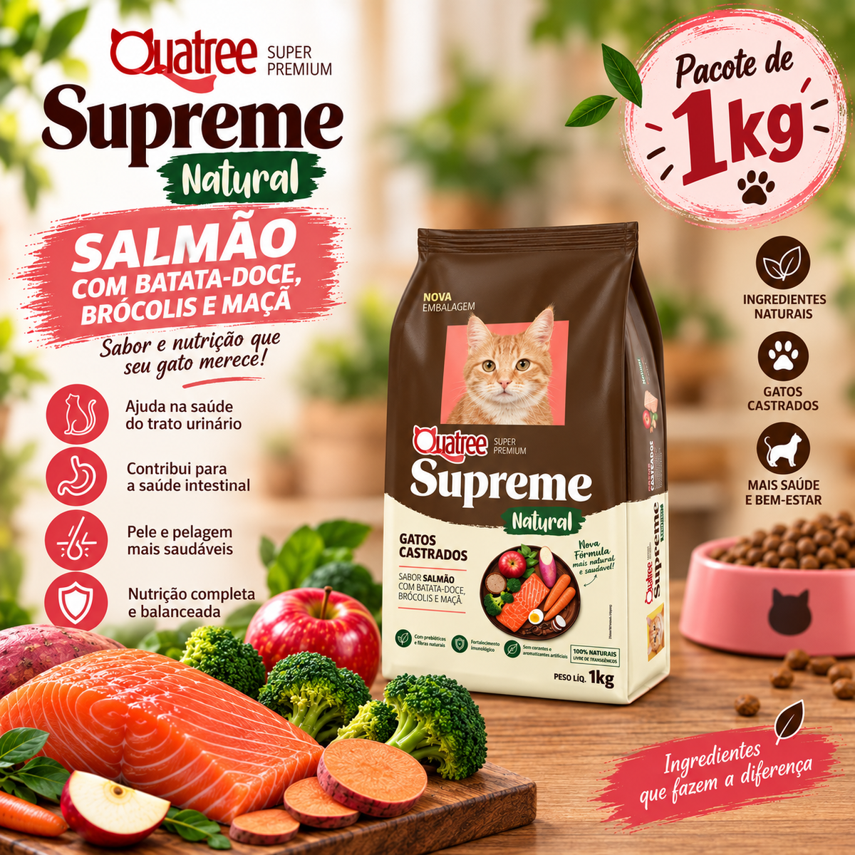 1kg Ração Gatos Adultos Castrados Quatree Supreme Salmão