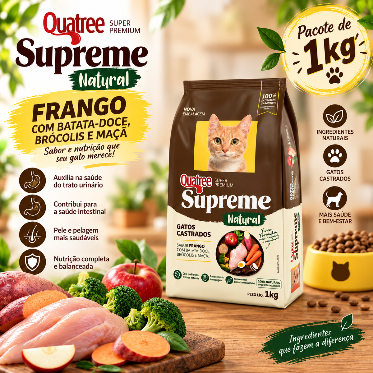 1kg Ração Gatos Adultos Castrados Quatree Supreme Frango