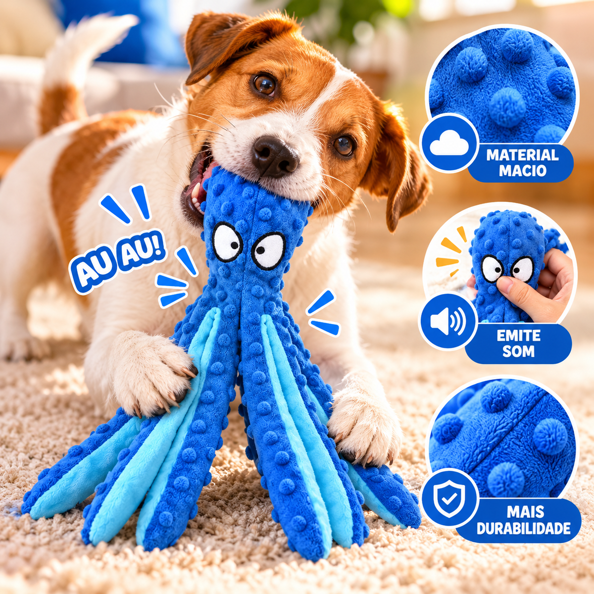 Brinquedo Polvo 8 Pernas de Pelúcia com Som para Cachorro - Azul