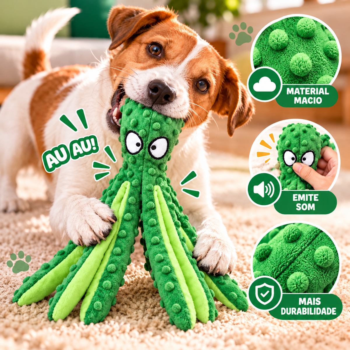 Brinquedo Polvo 8 Pernas de Pelúcia com Som para Cachorro - Verde