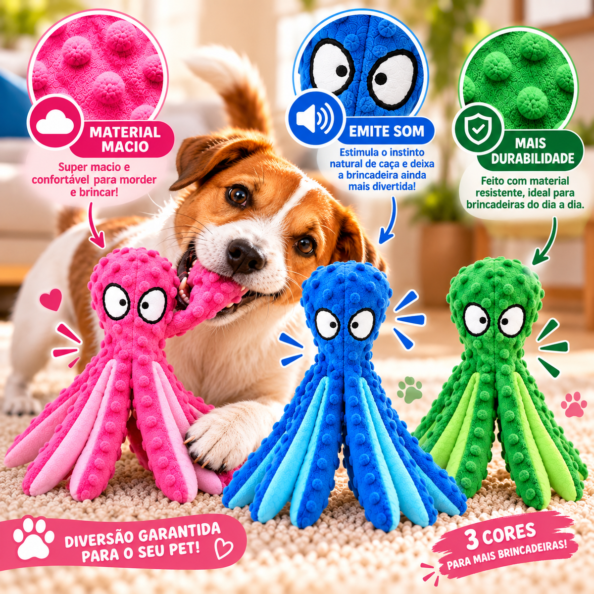 Brinquedo Polvo 8 Pernas de Pelúcia com Som para Cachorro