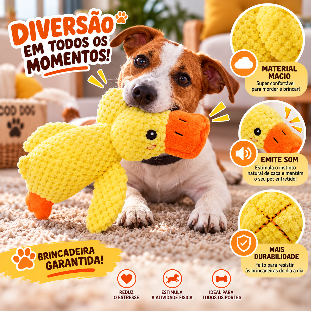 Brinquedo Interativo Pato de Pelúcia para Cães com Apito Som 23cm