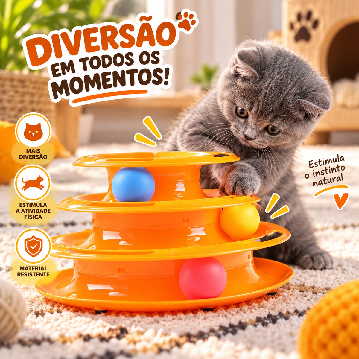 Brinquedo Interativo Para Gatos Corre Torre De Bolinhas Laranja