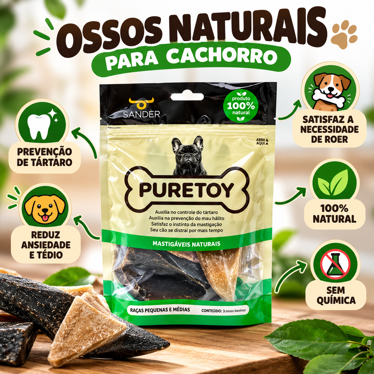 Mordedor Natural para Cachorro Casco Bovino Puretoy 3 Unid