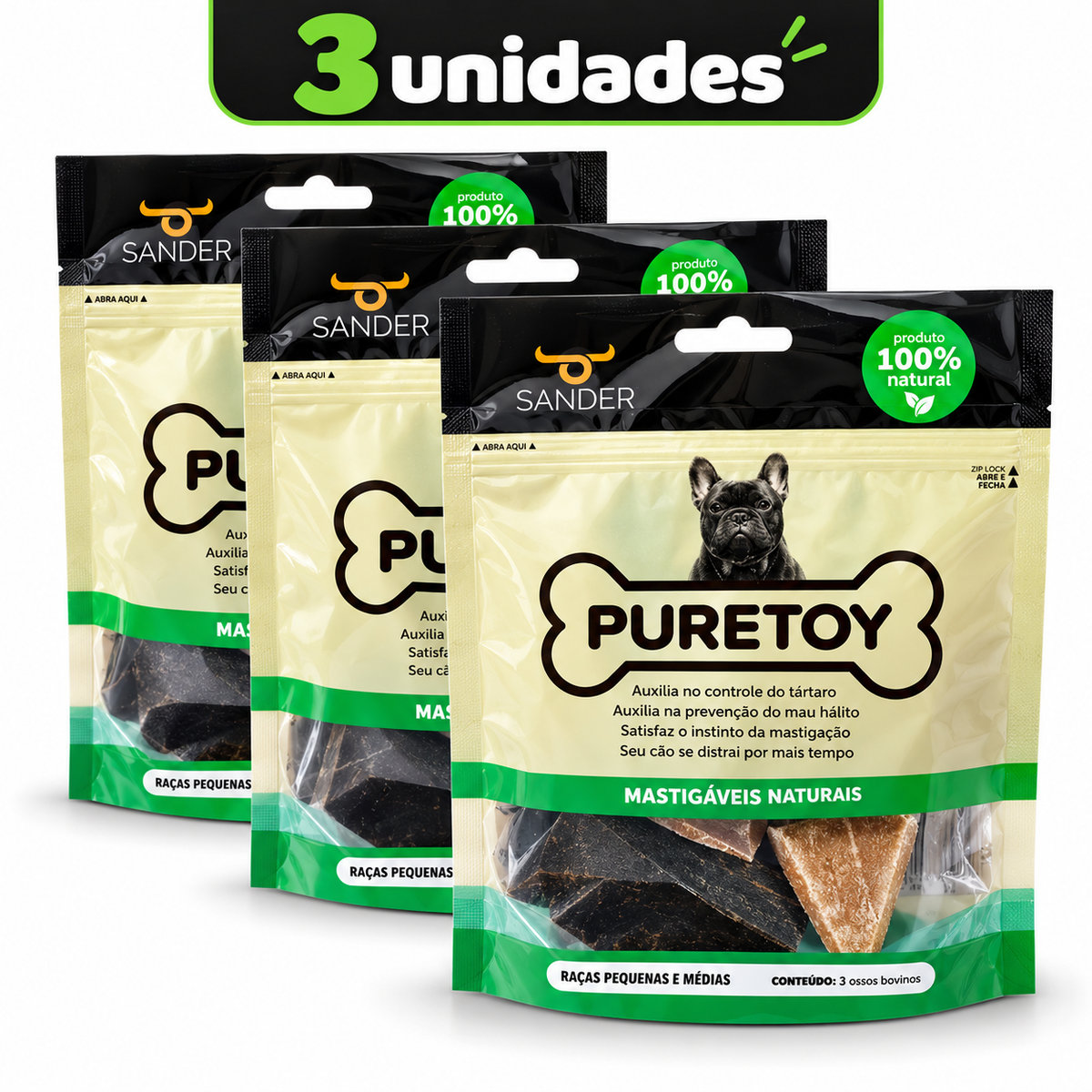 Mordedor Natural para Cachorro Casco Bovino Puretoy 3 Unid