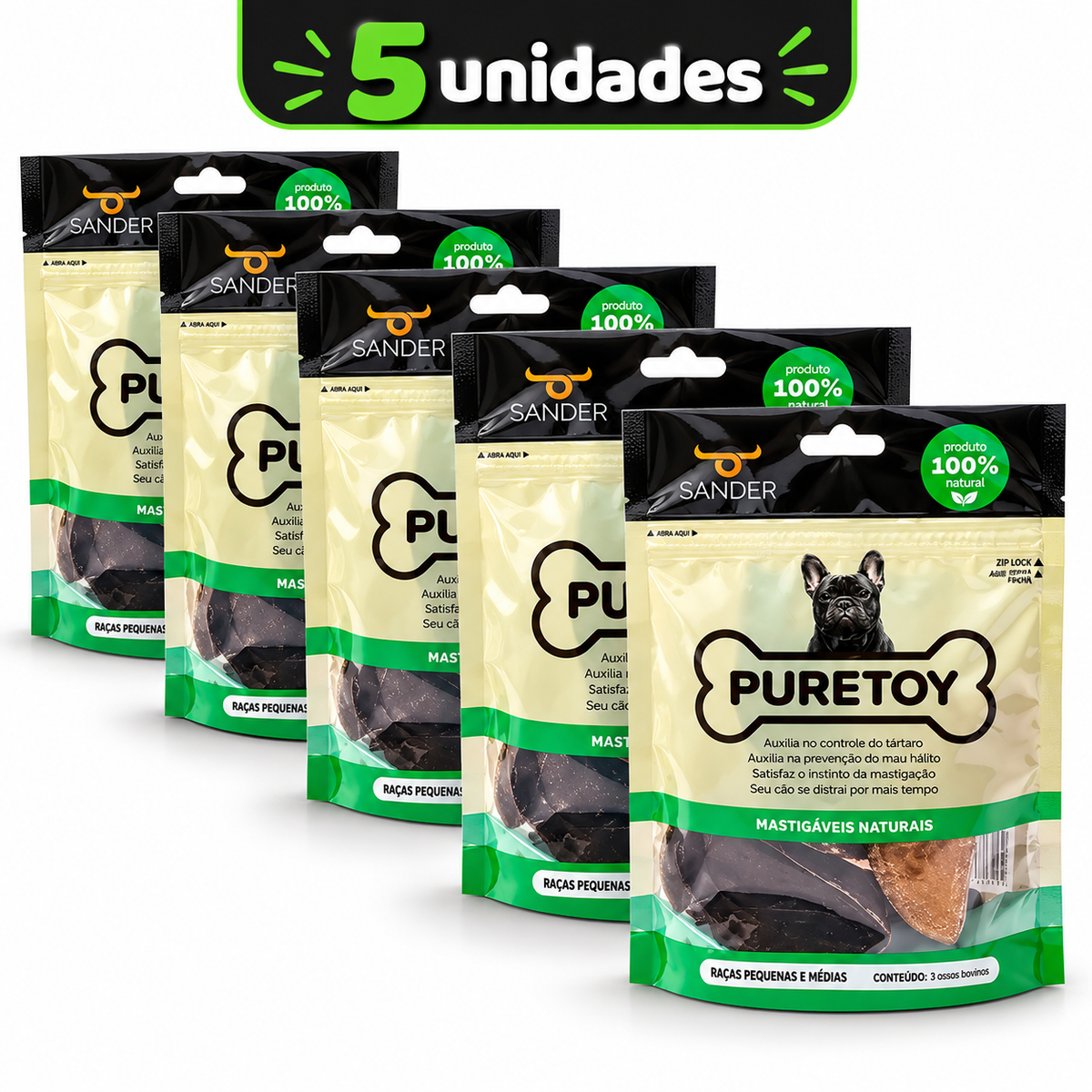 Mordedor Natural para Cachorro Casco Bovino Puretoy 3 Unid