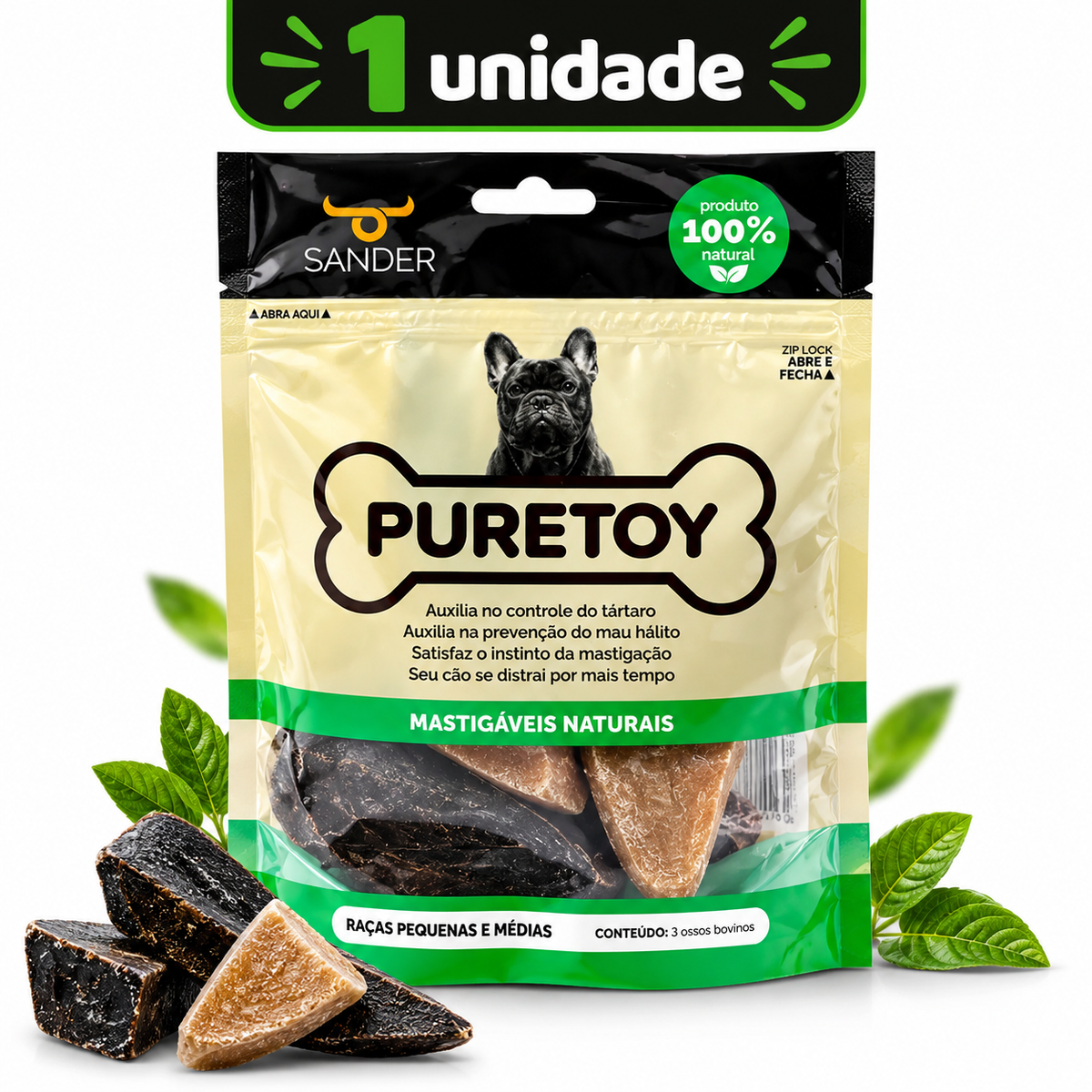 Mordedor Natural para Cachorro Casco Bovino Puretoy 3 Unid