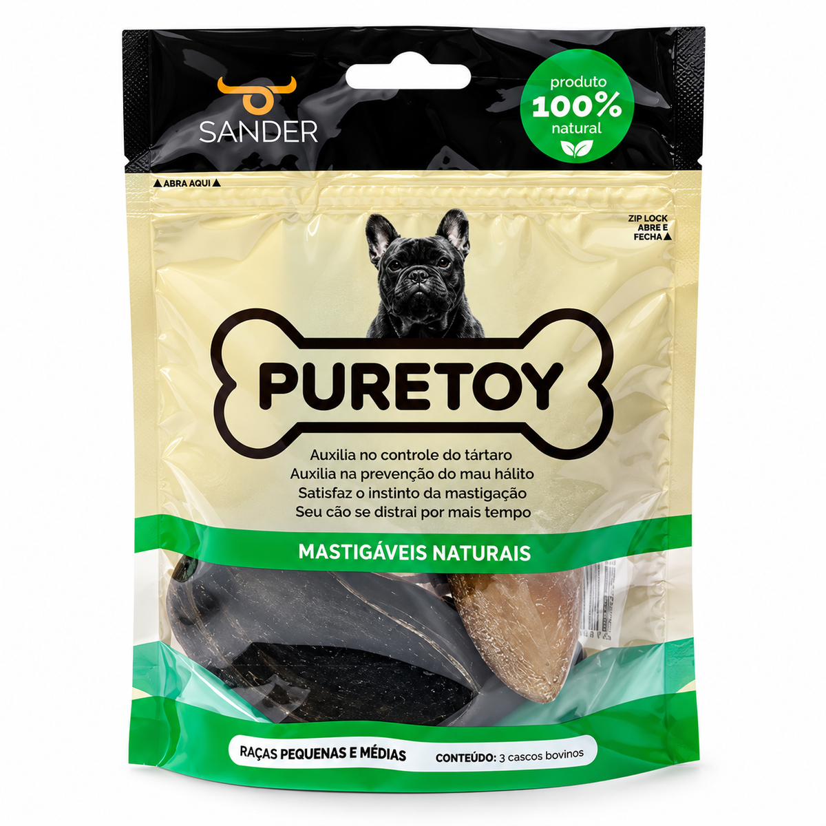 Mordedor Natural para Cachorro Casco Bovino Puretoy 3 Unid