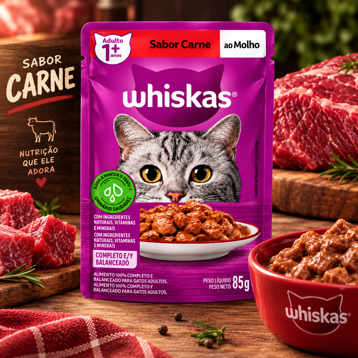 Sache Whiskas Ração Úmida Para Gatos Carne Ao Molho 85g
