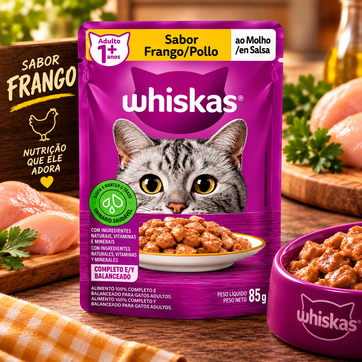Sache Whiskas Ração Úmida Para Gatos Frango Ao Molho 85g