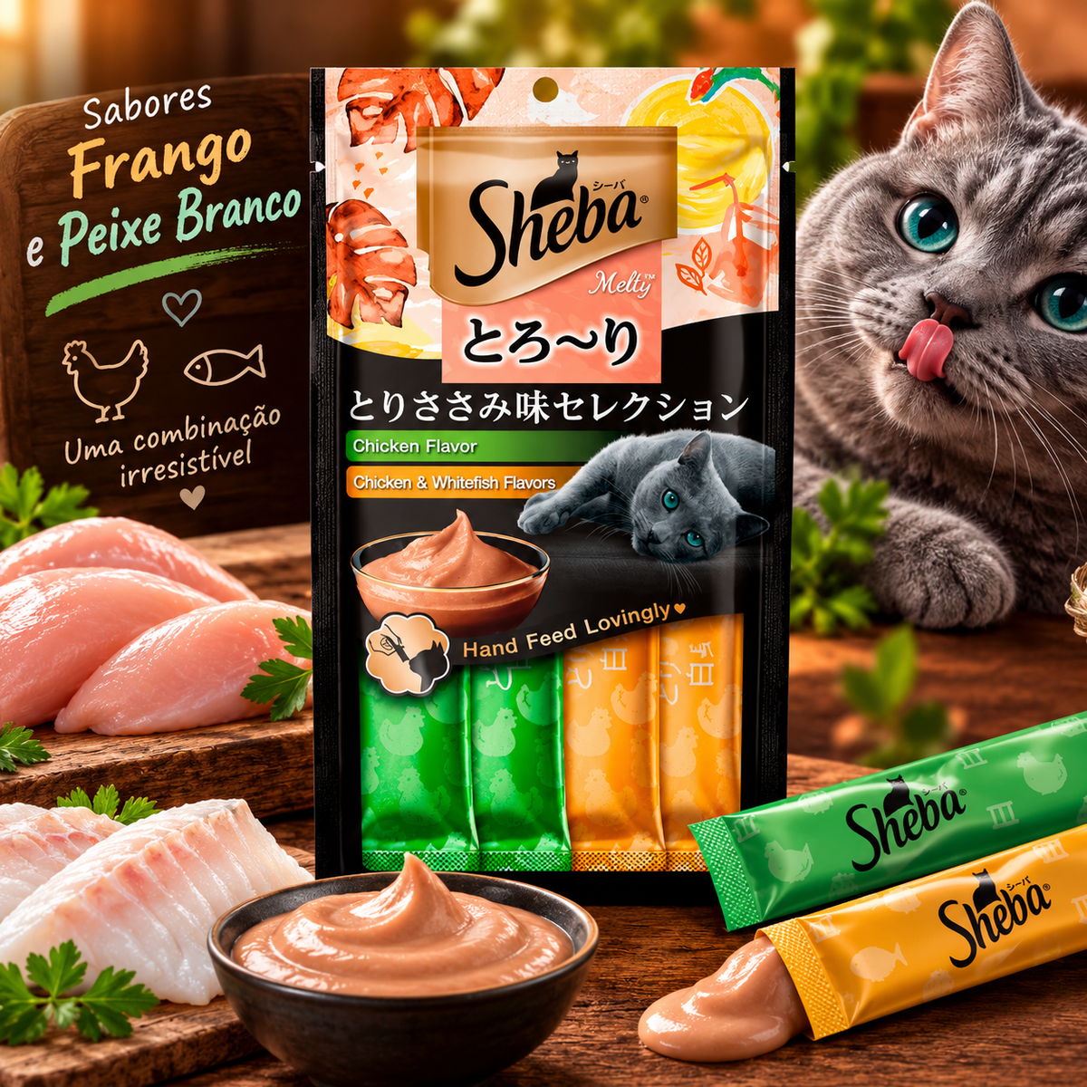 Petisco Sheba Cremoso Churu Para Gatos Sabor Frango e Peixe 4 Unidades