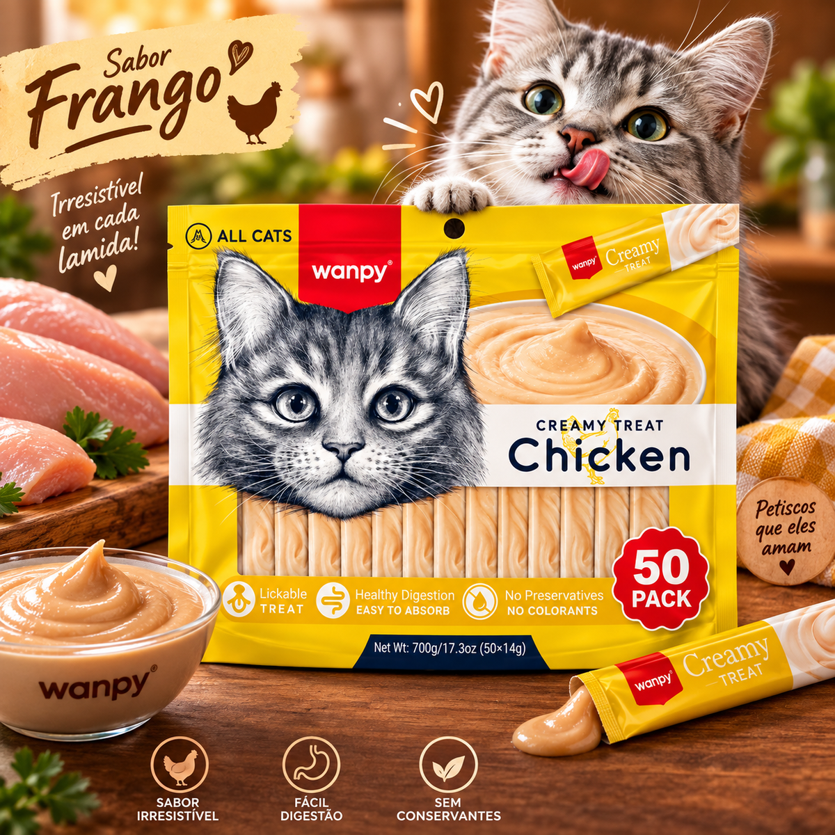 Pacote Wanpy Petiscos Truly Creamy P/ Gatos Frango 50 Unid