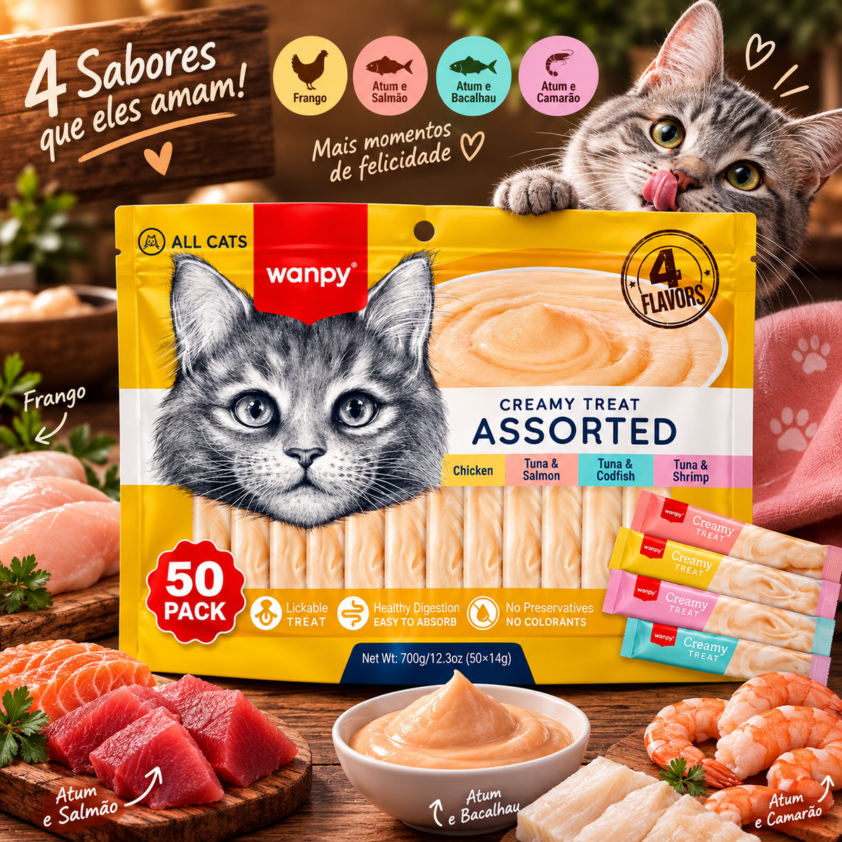 Pacote Wanpy Petiscos Truly Creamy P/ Gatos Sortidos 50 Unid