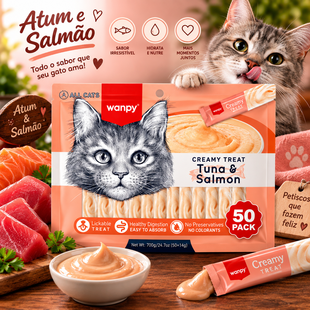 Pacote Wanpy Petiscos Truly Creamy P/ Gatos Atum e Salmão
