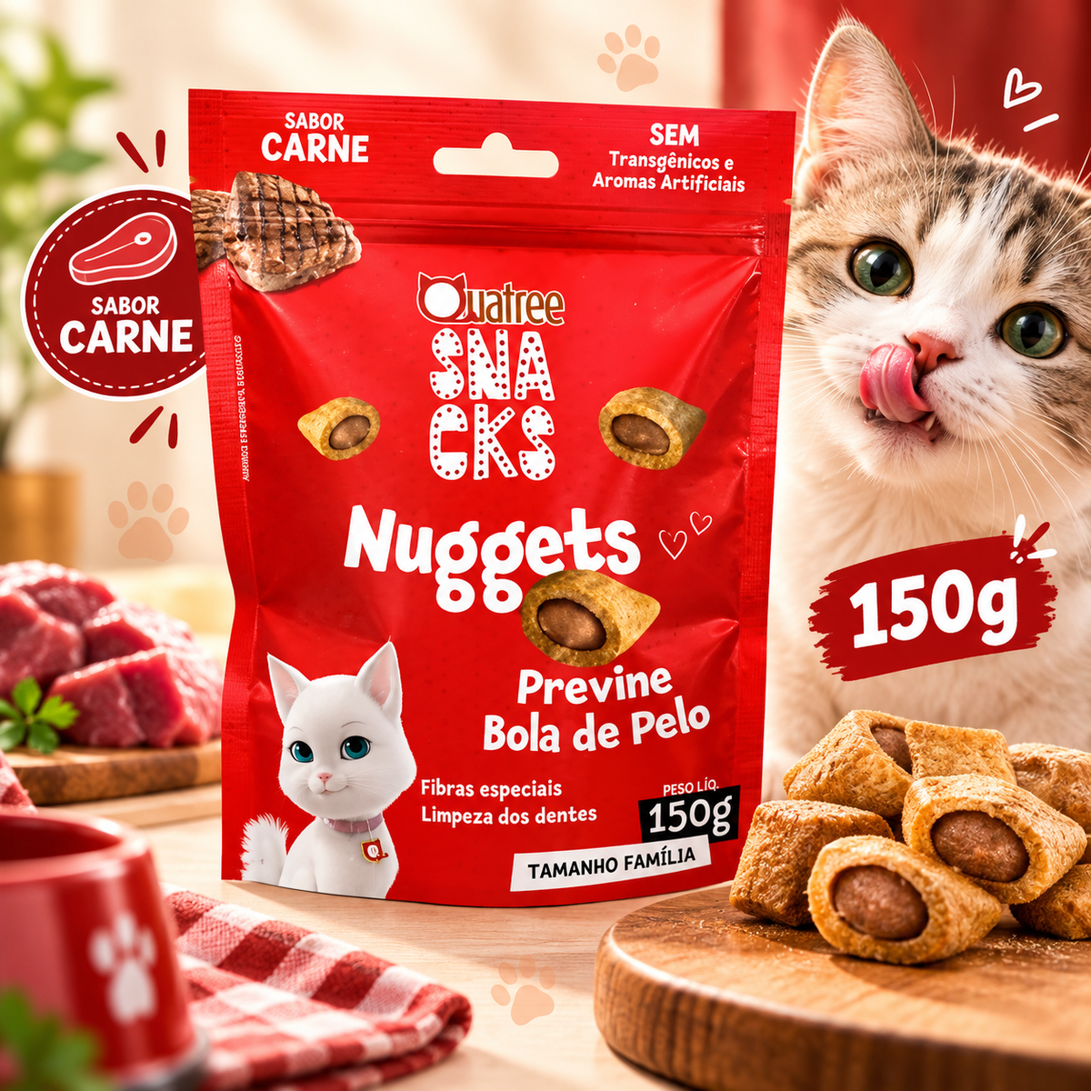 Petisco Snack Quatree Gatos Nuggets Carne Bola de Pelo 150g