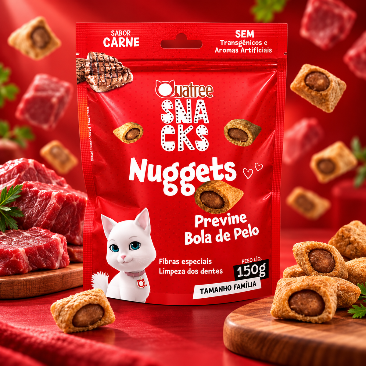 Petisco Snack Quatree Gatos Nuggets Carne Bola de Pelo 150g