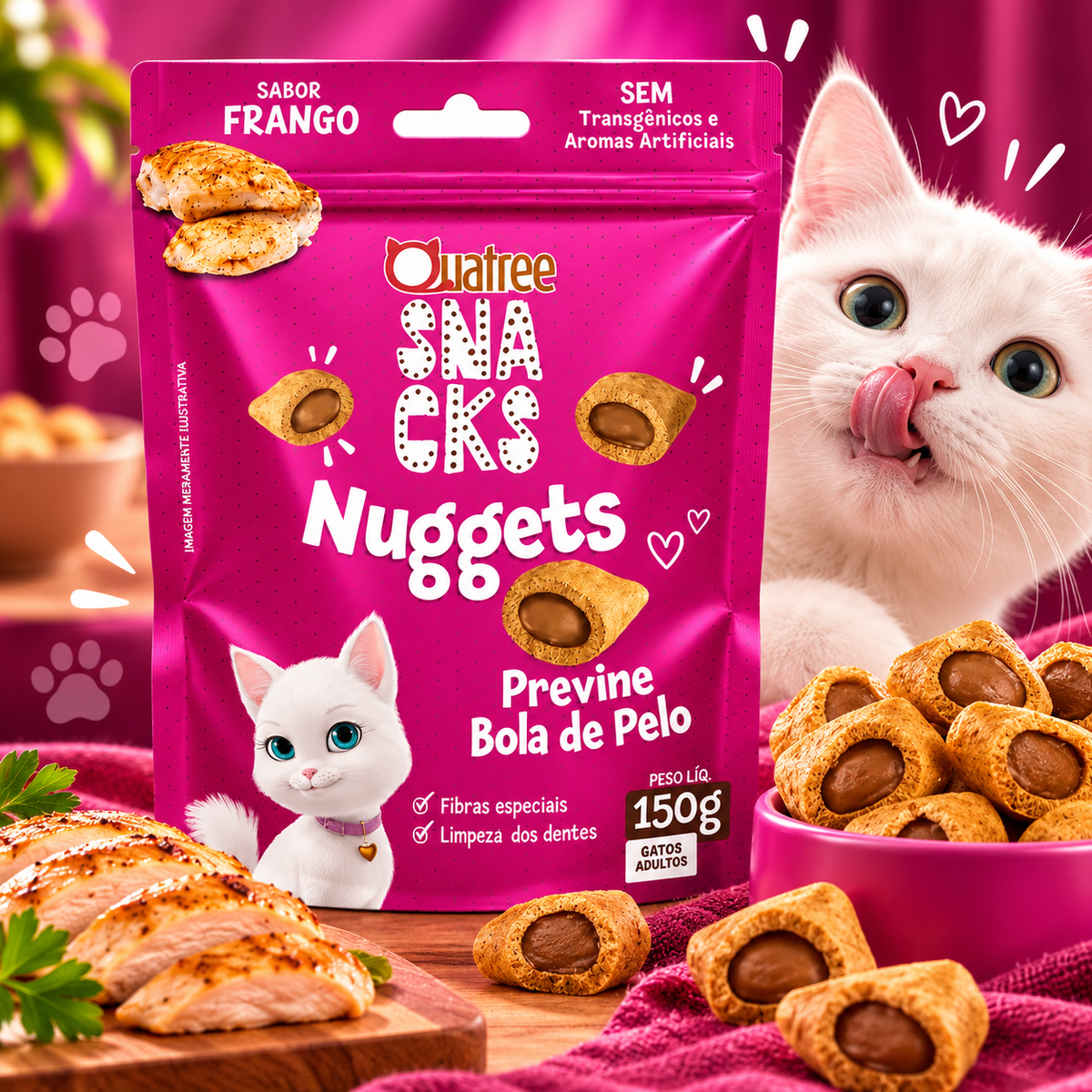 Petisco Snack Quatree Gatos Nuggets Frango Bola de Pelo 150g