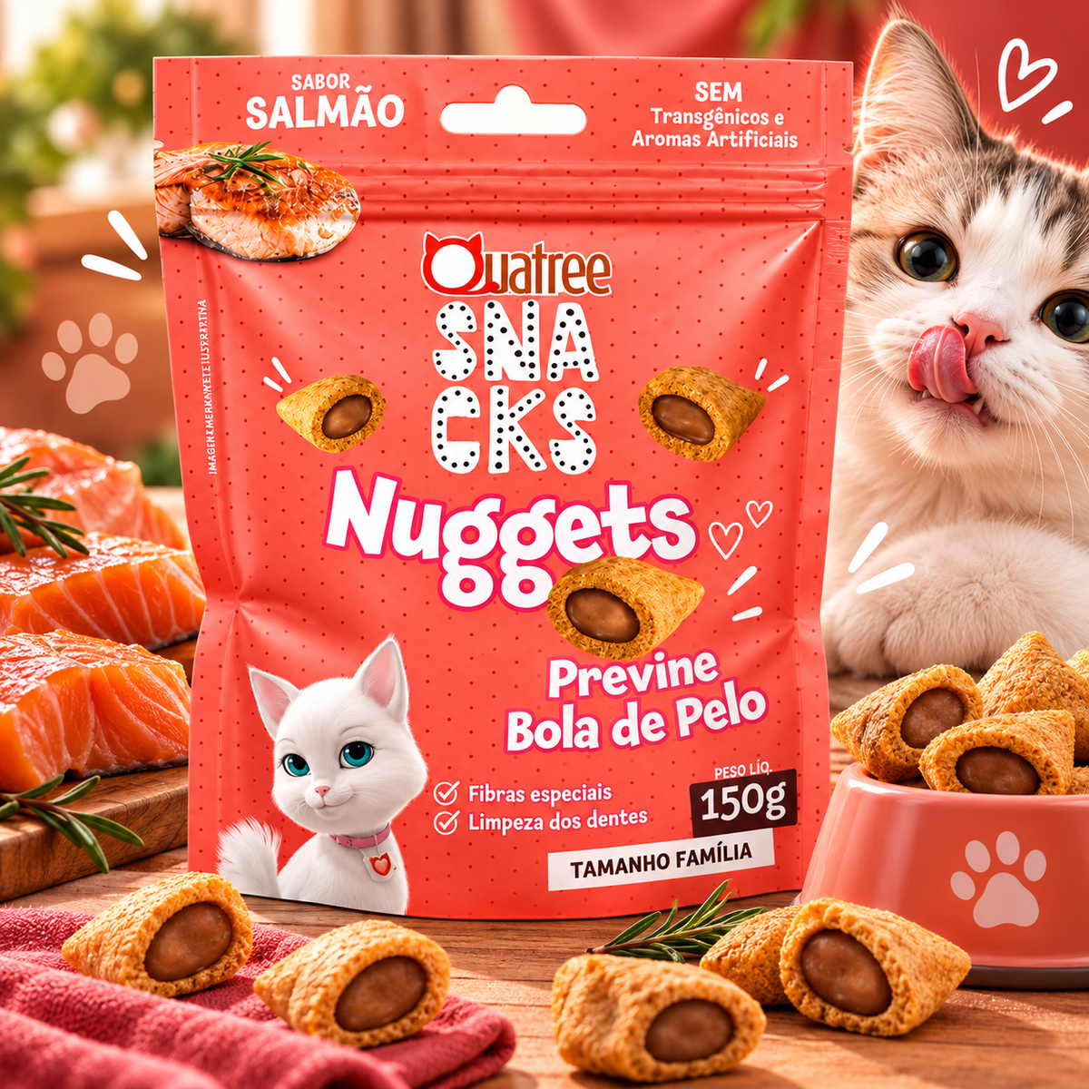 Petisco Snack Quatree Gatos Nuggets Salmão Bola de Pelo 150g