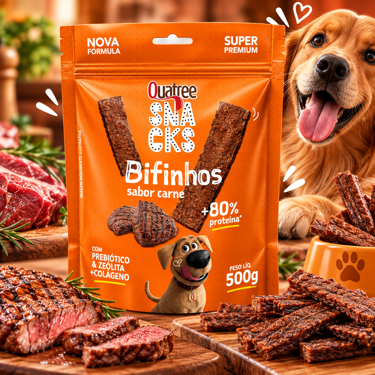 Petisco Quatree Snacks Bifinhos Macios Carne 500g