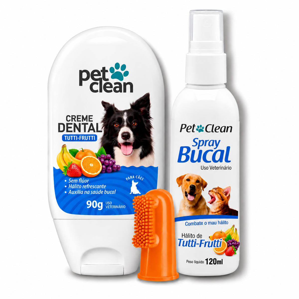 Kit Creme Dental+Spray Bucal+Escova Dedeira Pet Clean Sortidas