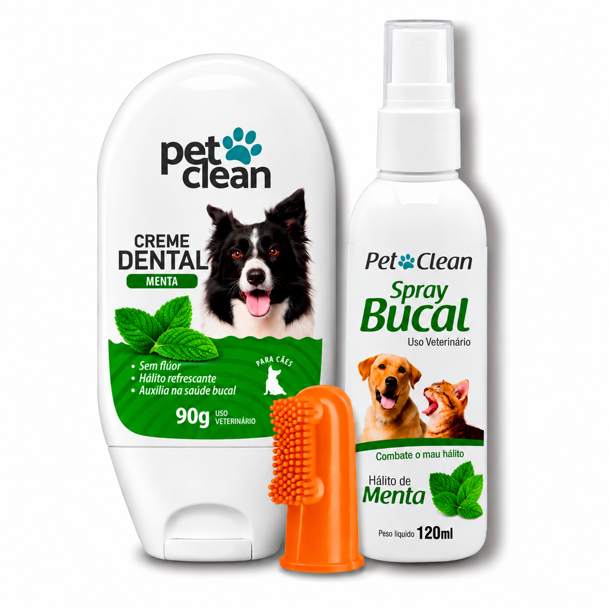Kit Creme Dental+Spray Bucal+Escova Dedeira Pet Clean Sortidas