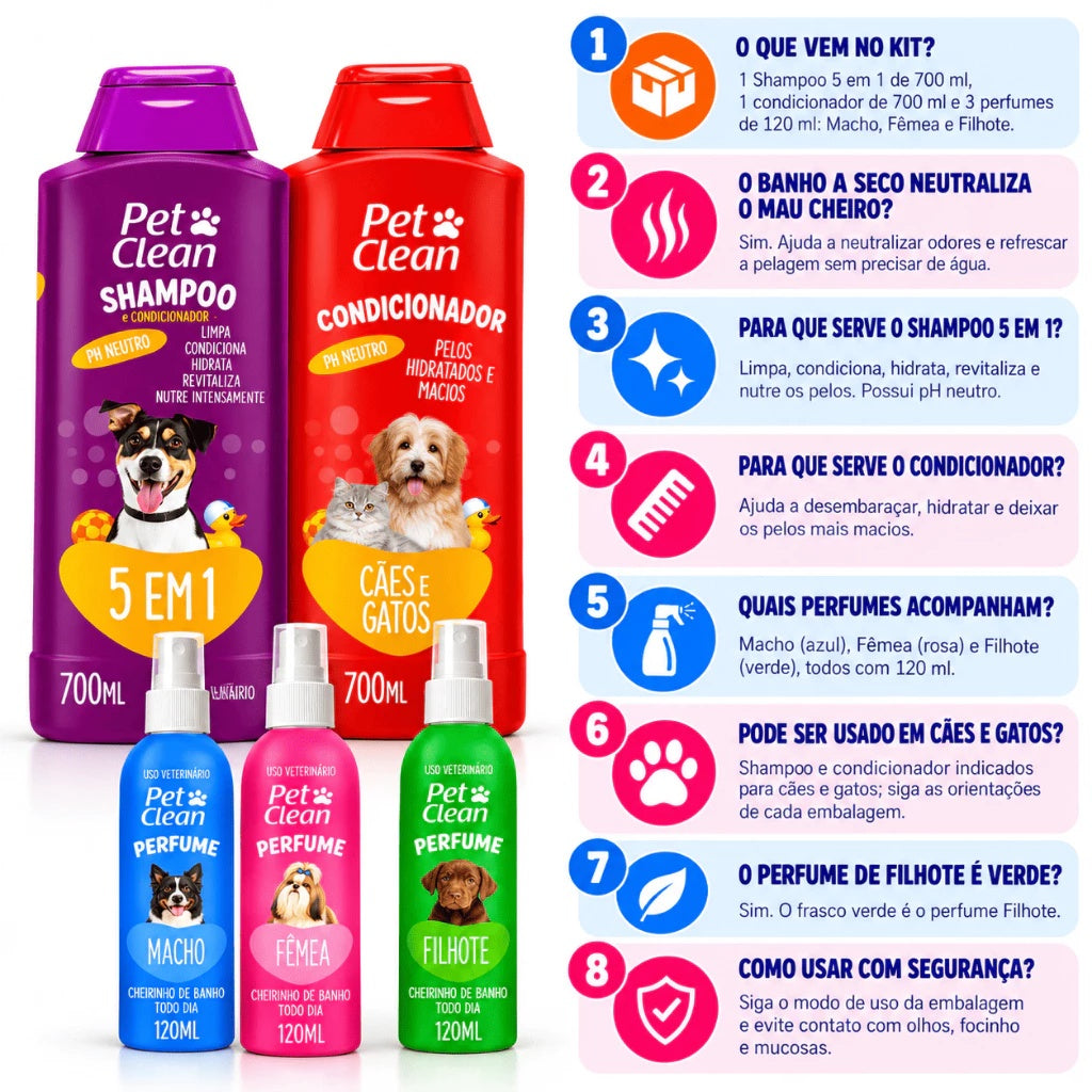Kit Pet Shampoo 5 em 1 Creme Condicionador e Perfume Para Cachorro Pet Clean