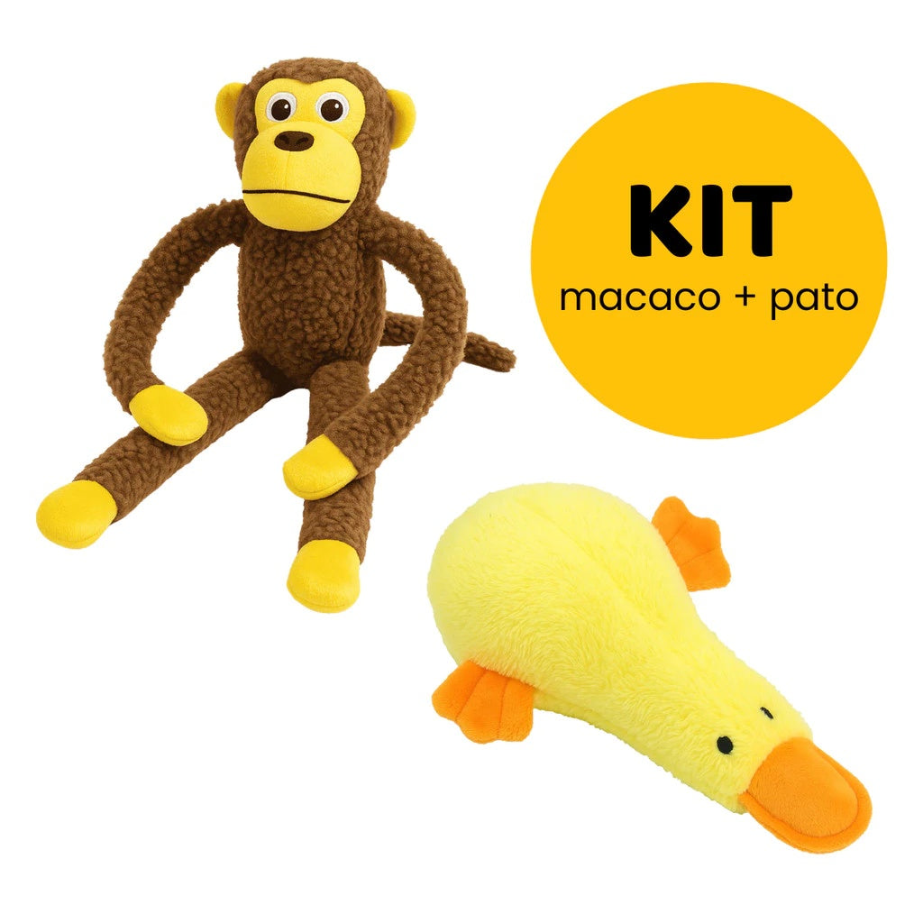 Kit 2 Brinquedo Para Cachorro Grande Pelúcia Mordedor Macaco + Pato com Apito