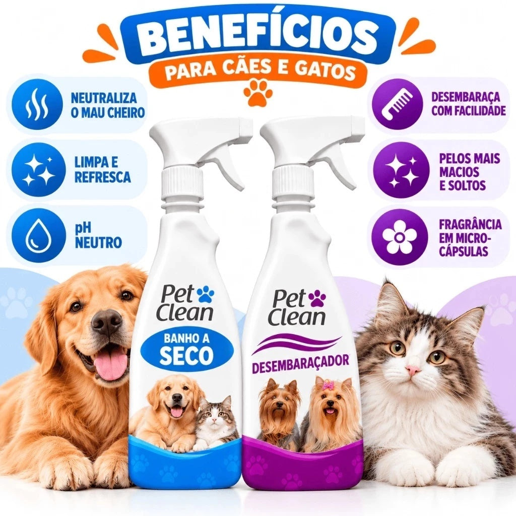 Kit Banho A Seco + Desembaraçador De Pelos Pet Clean 500ml